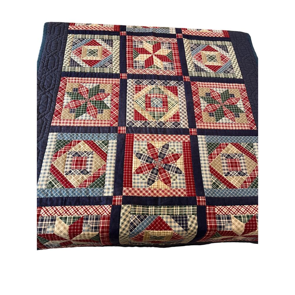Cranston plaid patchwork quilt hand sewn tablecloth wall decor 47x31 Americana